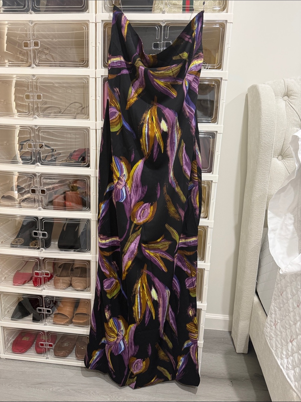 Fashion Nova Black Slip Dress with Purple and Gold Floral Print